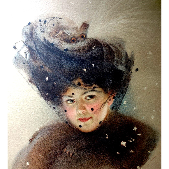 Victorian Art Print Women In Veil Hat Fur Hat Lithograph 1909 Original L Knoefel - Picture 1 of 5